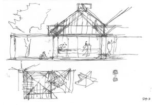 Sketch de The Serenity Trust Library & Botanical Garden à Ahmedabad de l'architecte Bernard Kohn