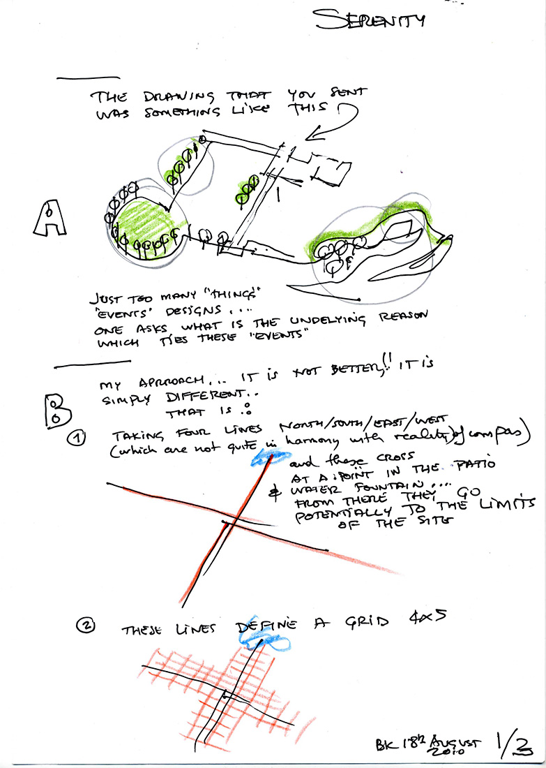 Sketch de The Serenity Trust Library & Botanical Garden à Ahmedabad de l'architecte Bernard Kohn